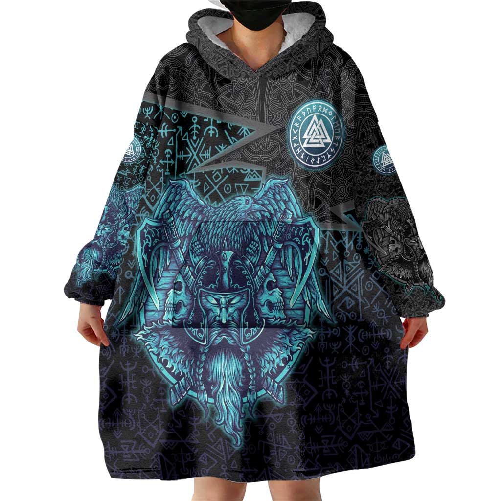 Viking Warrior and Raven Norse Mythology Wearable Blanket Hoodie Neon Line Art with Rune Patterns
