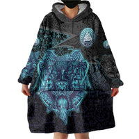 Viking Warrior and Raven Norse Mythology Wearable Blanket Hoodie Neon Line Art with Rune Patterns