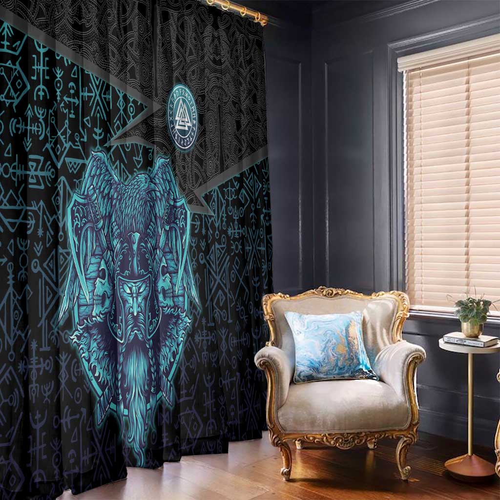 Viking Warrior and Raven Norse Mythology Window Curtain Neon Line Art with Rune Patterns