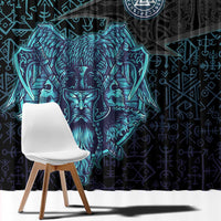 Viking Warrior and Raven Norse Mythology Window Curtain Neon Line Art with Rune Patterns