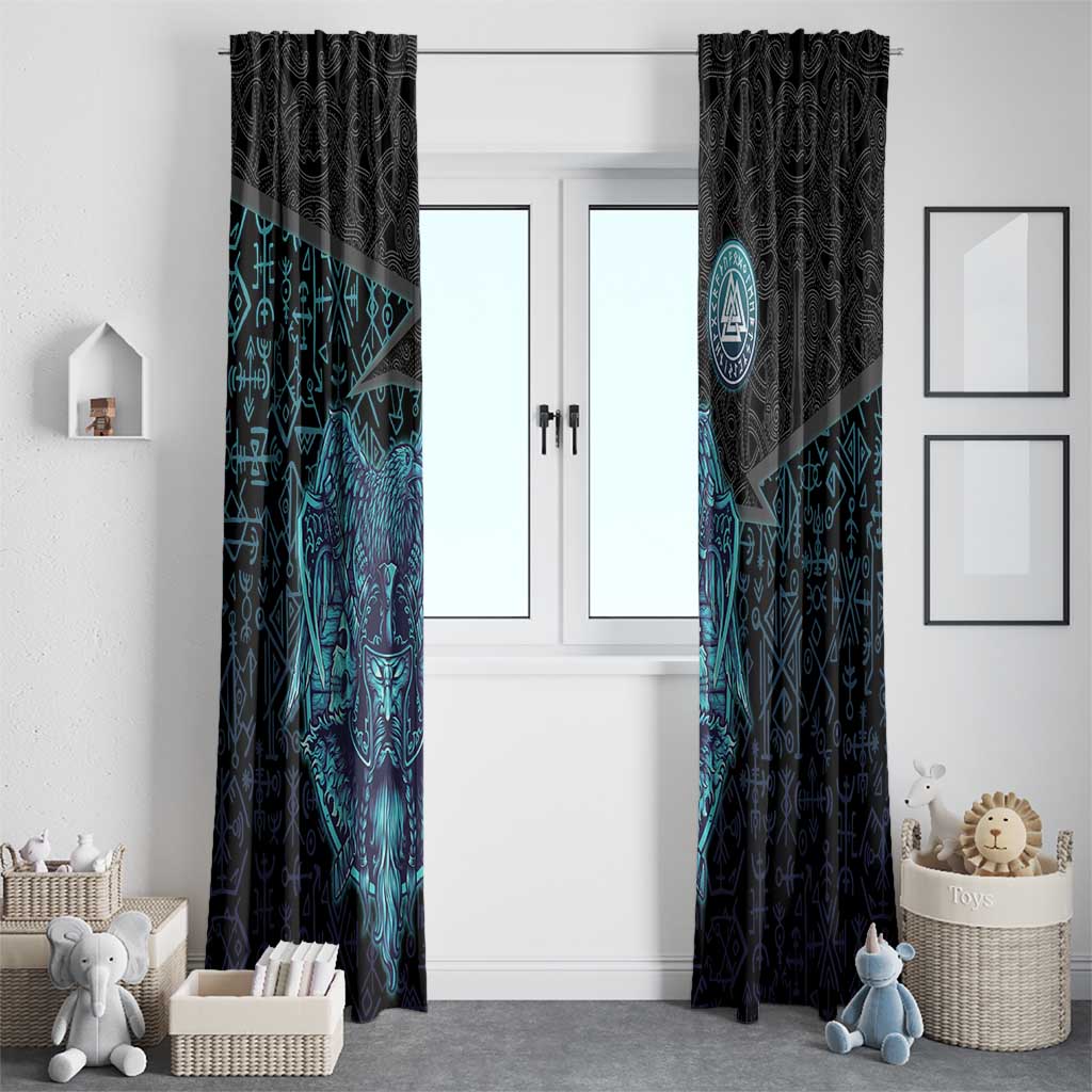 Viking Warrior and Raven Norse Mythology Window Curtain Neon Line Art with Rune Patterns