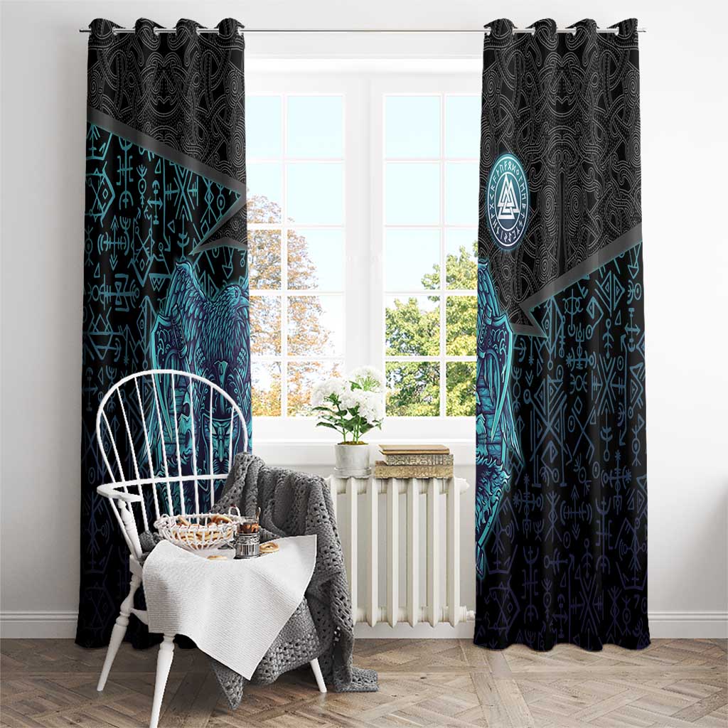 Viking Warrior and Raven Norse Mythology Window Curtain Neon Line Art with Rune Patterns
