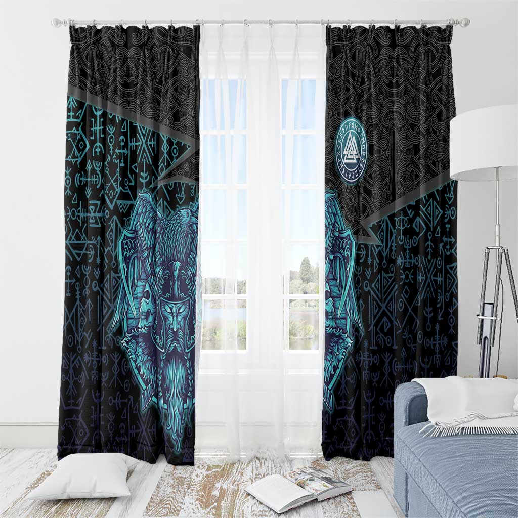 Viking Warrior and Raven Norse Mythology Window Curtain Neon Line Art with Rune Patterns
