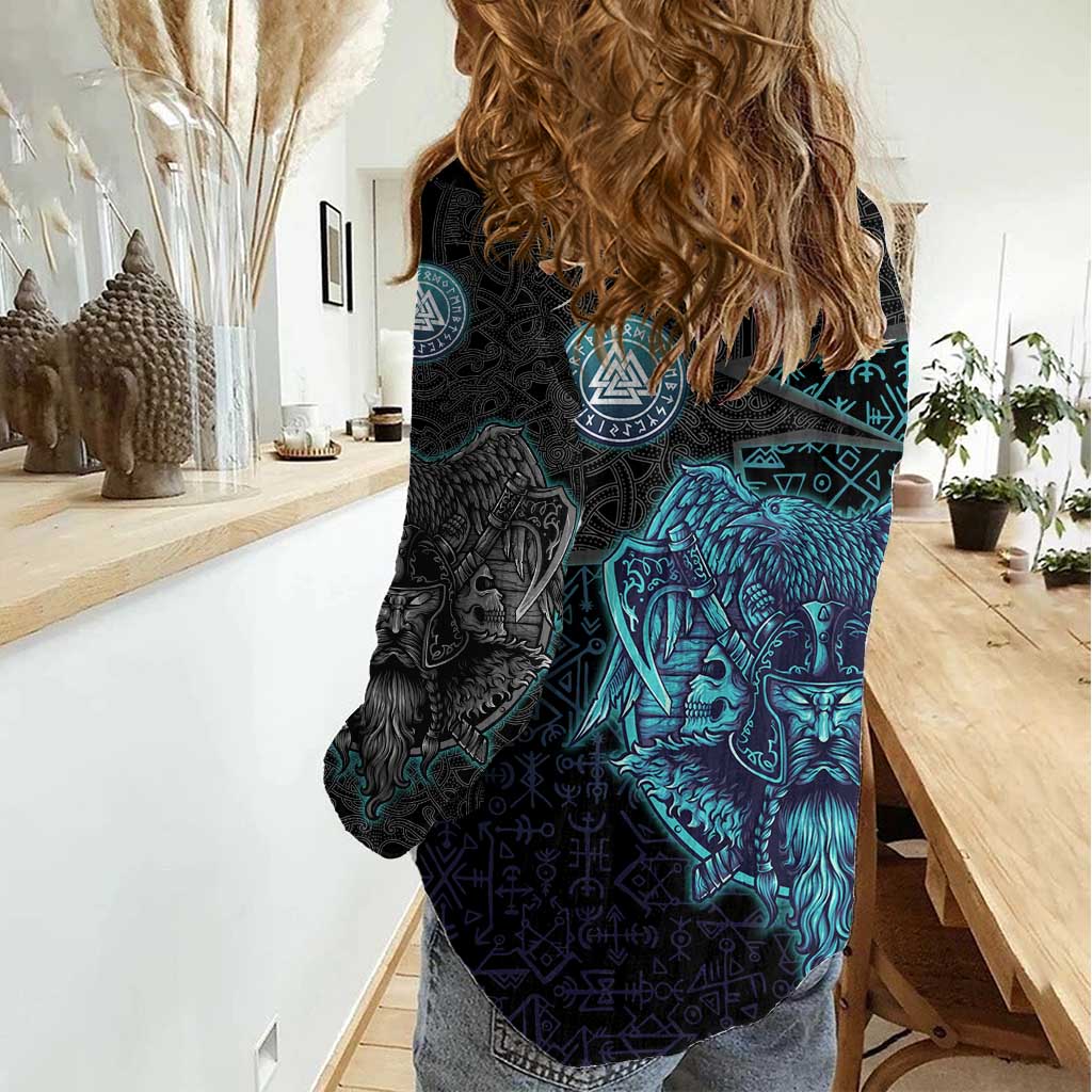 Viking Warrior and Raven Norse Mythology Women Casual Shirt Neon Line Art with Rune Patterns
