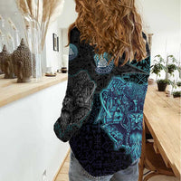 Viking Warrior and Raven Norse Mythology Women Casual Shirt Neon Line Art with Rune Patterns
