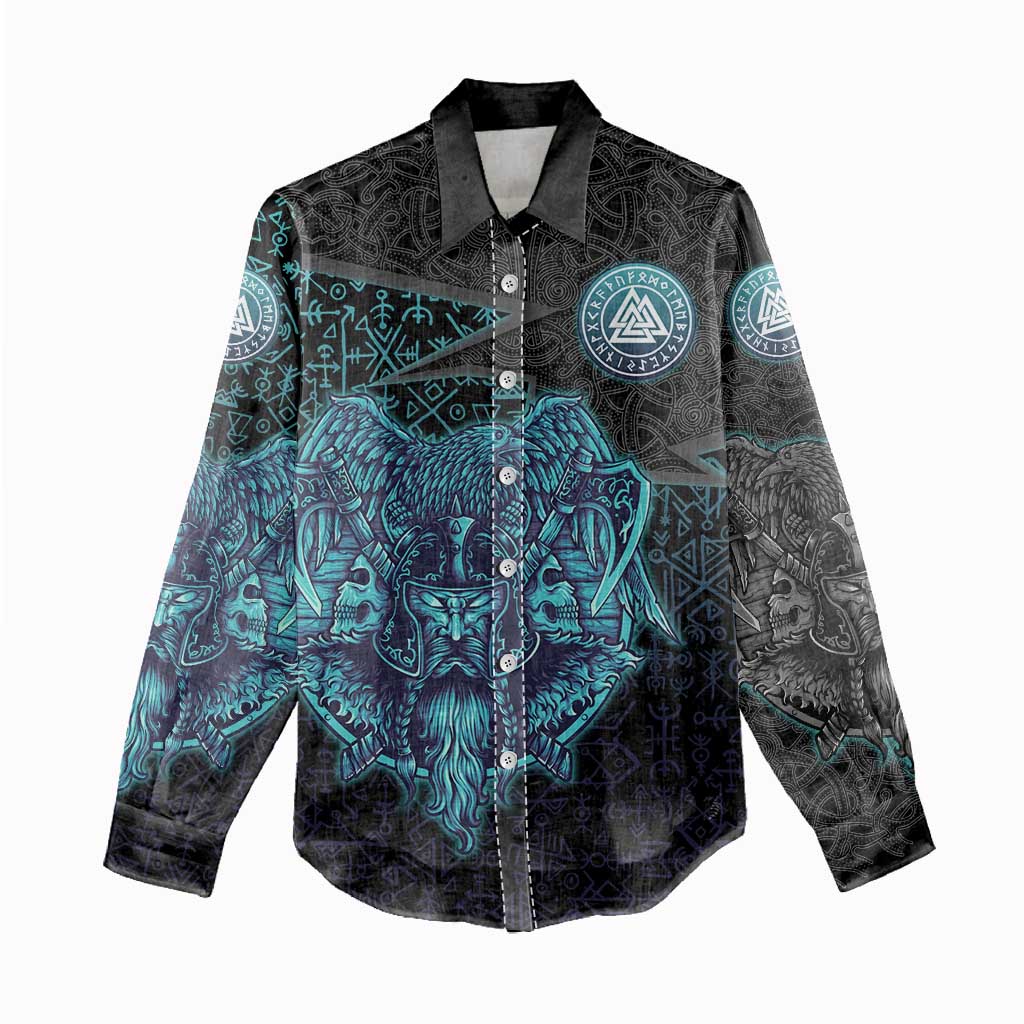 Viking Warrior and Raven Norse Mythology Women Casual Shirt Neon Line Art with Rune Patterns