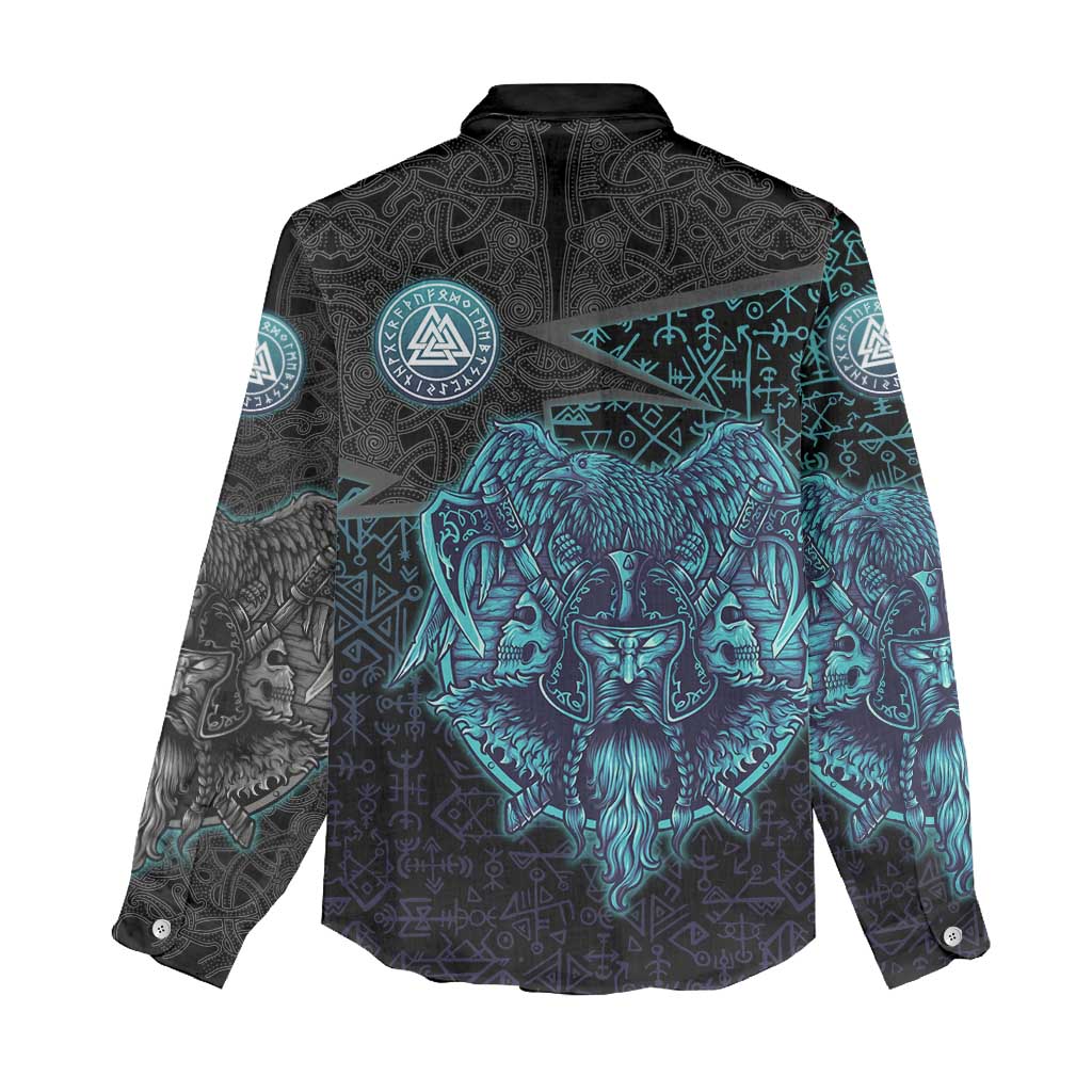 Viking Warrior and Raven Norse Mythology Women Casual Shirt Neon Line Art with Rune Patterns