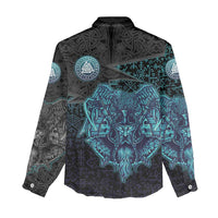 Viking Warrior and Raven Norse Mythology Women Casual Shirt Neon Line Art with Rune Patterns