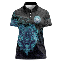 Viking Warrior and Raven Norse Mythology Women Polo Shirt Neon Line Art with Rune Patterns