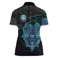 Viking Warrior and Raven Norse Mythology Women Polo Shirt Neon Line Art with Rune Patterns