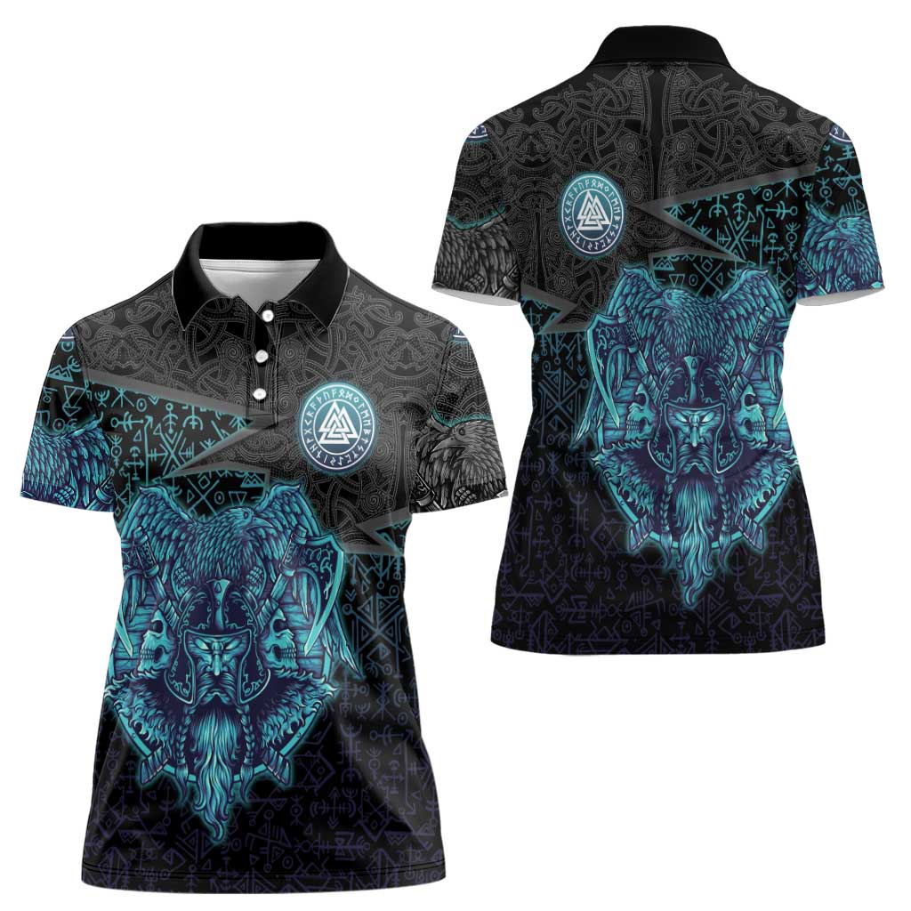 Viking Warrior and Raven Norse Mythology Women Polo Shirt Neon Line Art with Rune Patterns