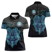 Viking Warrior and Raven Norse Mythology Women Polo Shirt Neon Line Art with Rune Patterns