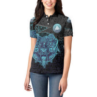 Viking Warrior and Raven Norse Mythology Women Polo Shirt Neon Line Art with Rune Patterns