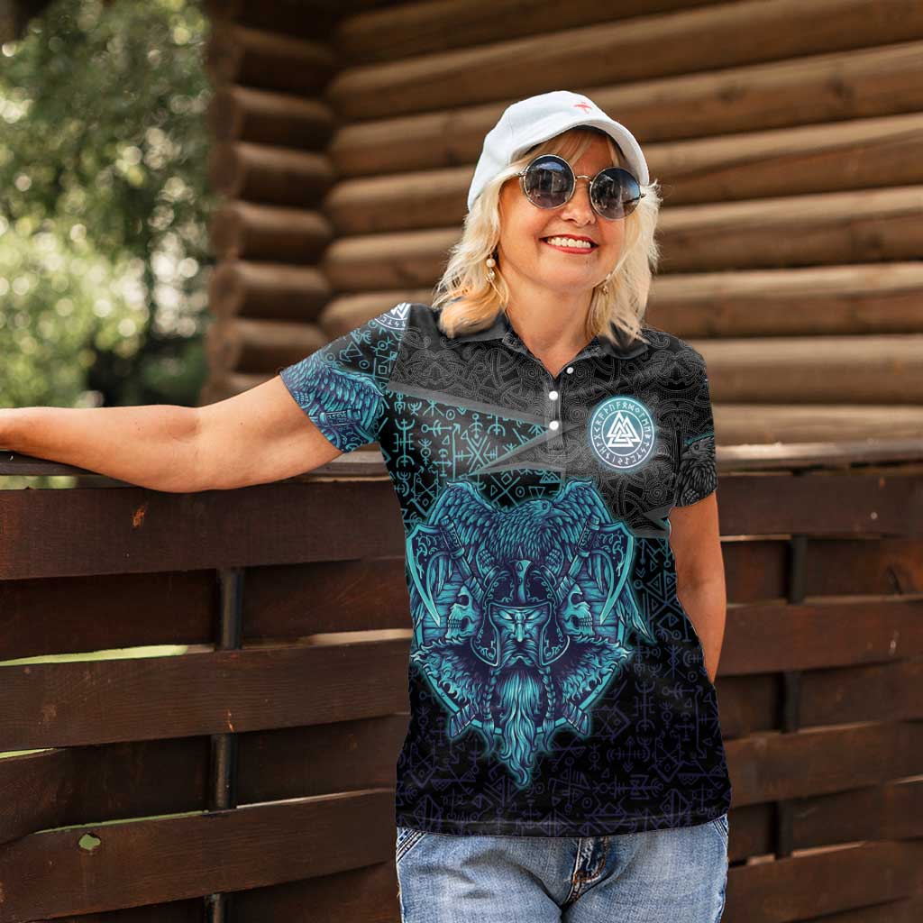 Viking Warrior and Raven Norse Mythology Women Polo Shirt Neon Line Art with Rune Patterns
