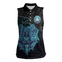 Viking Warrior and Raven Norse Mythology Women Sleeveless Polo Shirt Neon Line Art with Rune Patterns