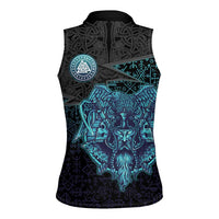Viking Warrior and Raven Norse Mythology Women Sleeveless Polo Shirt Neon Line Art with Rune Patterns