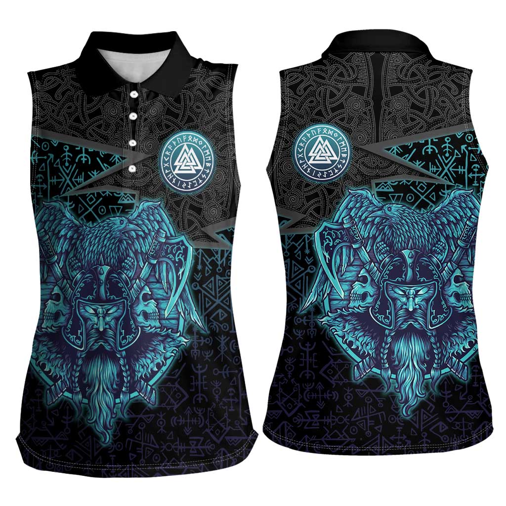 Viking Warrior and Raven Norse Mythology Women Sleeveless Polo Shirt Neon Line Art with Rune Patterns