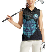 Viking Warrior and Raven Norse Mythology Women Sleeveless Polo Shirt Neon Line Art with Rune Patterns