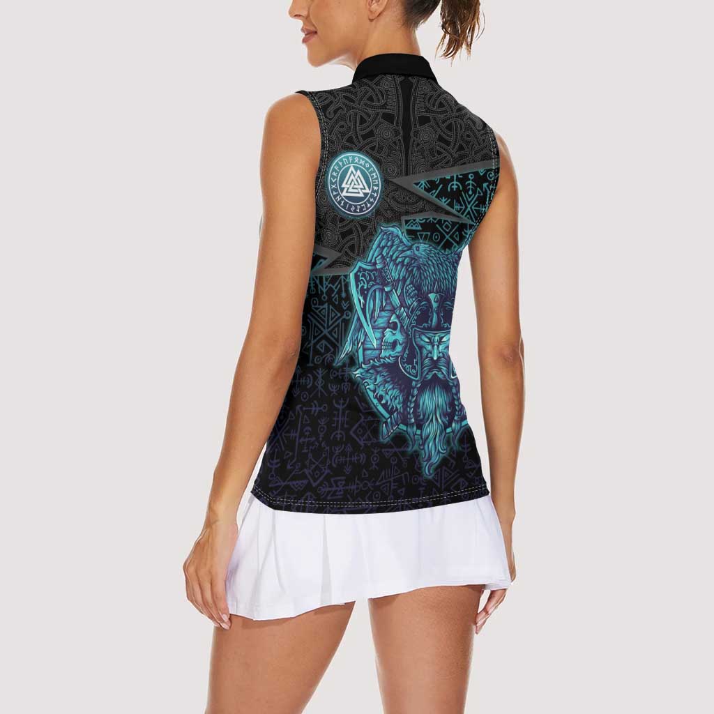 Viking Warrior and Raven Norse Mythology Women Sleeveless Polo Shirt Neon Line Art with Rune Patterns