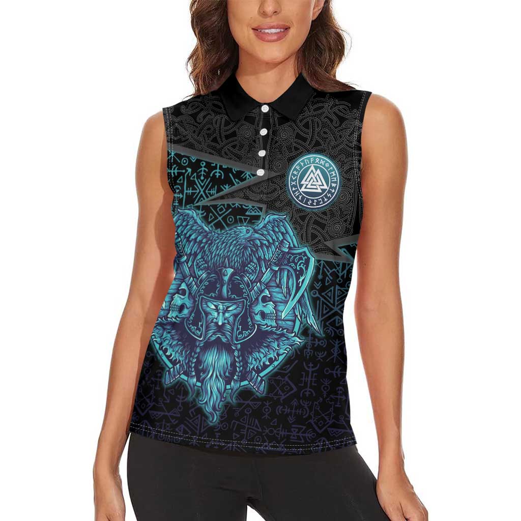 Viking Warrior and Raven Norse Mythology Women Sleeveless Polo Shirt Neon Line Art with Rune Patterns