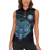 Viking Warrior and Raven Norse Mythology Women Sleeveless Polo Shirt Neon Line Art with Rune Patterns