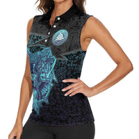 Viking Warrior and Raven Norse Mythology Women Sleeveless Polo Shirt Neon Line Art with Rune Patterns
