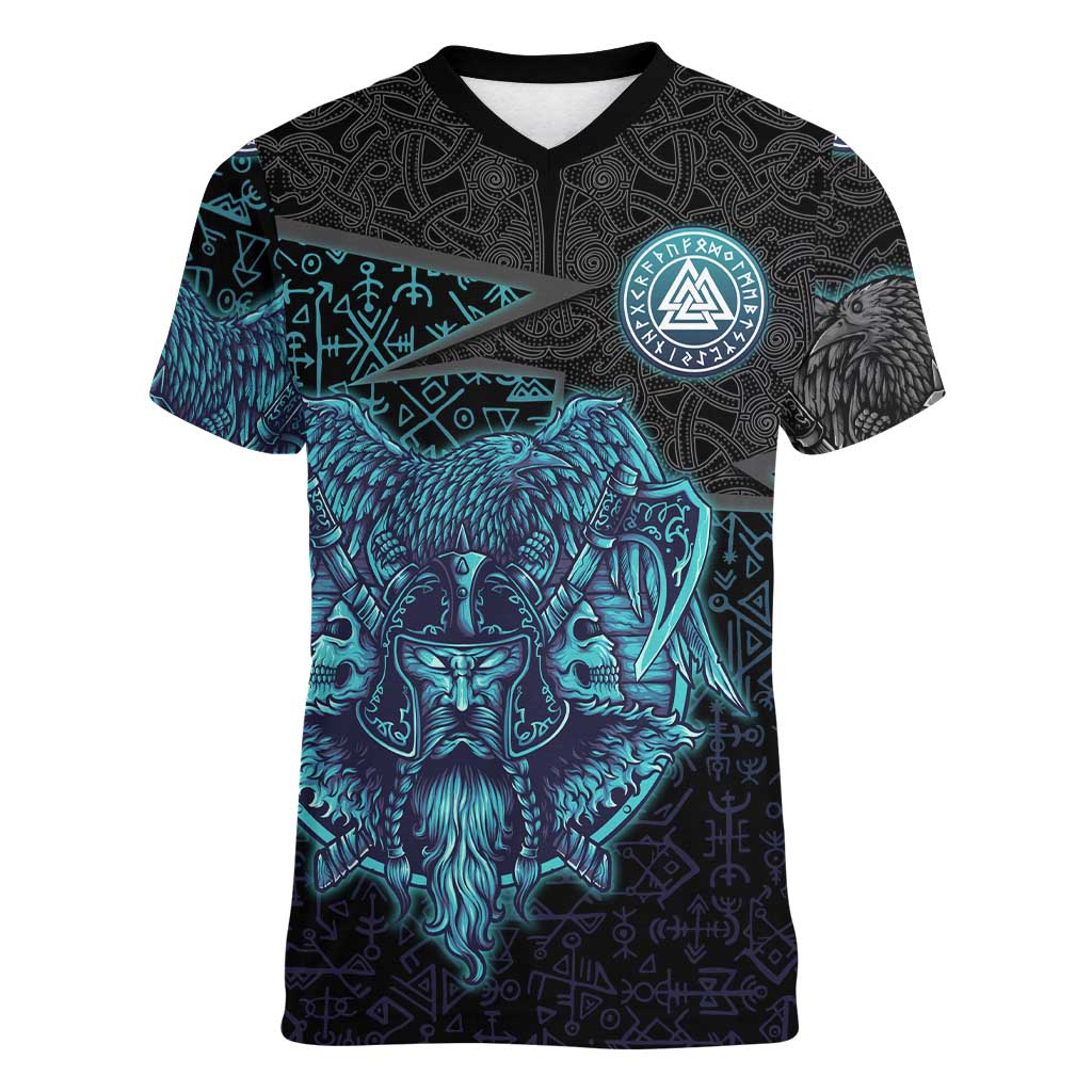 Viking Warrior and Raven Norse Mythology Women V-Neck T-Shirt Neon Line Art with Rune Patterns