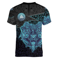 Viking Warrior and Raven Norse Mythology Women V-Neck T-Shirt Neon Line Art with Rune Patterns