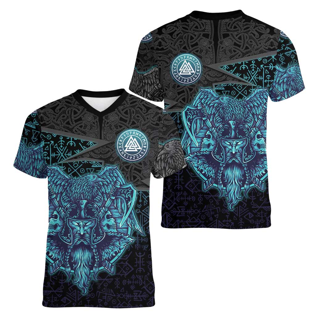 Viking Warrior and Raven Norse Mythology Women V-Neck T-Shirt Neon Line Art with Rune Patterns