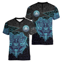 Viking Warrior and Raven Norse Mythology Women V-Neck T-Shirt Neon Line Art with Rune Patterns