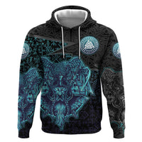 Viking Warrior and Raven Norse Mythology Zip Hoodie Neon Line Art with Rune Patterns