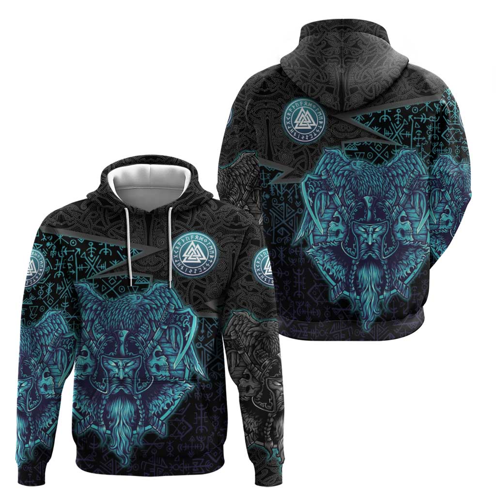 Viking Warrior and Raven Norse Mythology Zip Hoodie Neon Line Art with Rune Patterns