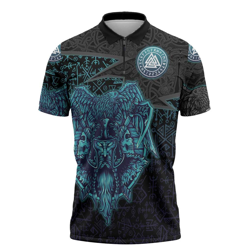 Viking Warrior and Raven Norse Mythology Zipper Polo Shirt Neon Line Art with Rune Patterns