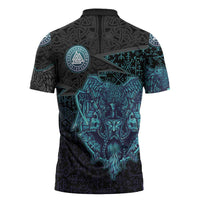 Viking Warrior and Raven Norse Mythology Zipper Polo Shirt Neon Line Art with Rune Patterns