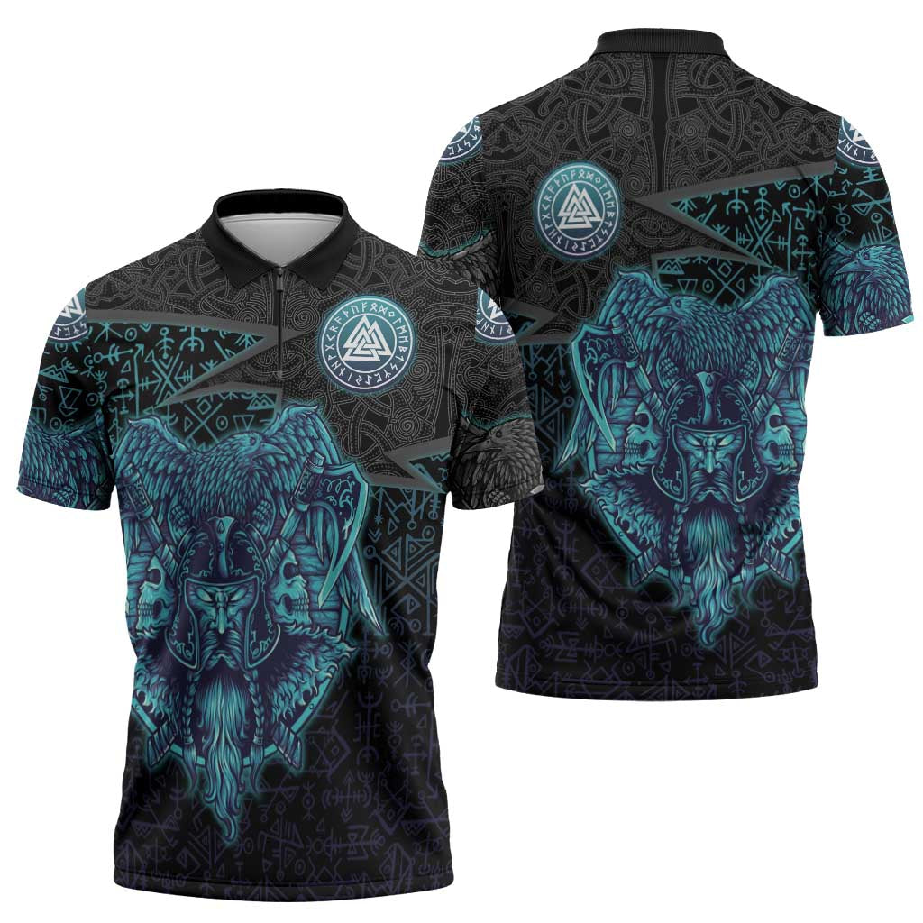 Viking Warrior and Raven Norse Mythology Zipper Polo Shirt Neon Line Art with Rune Patterns