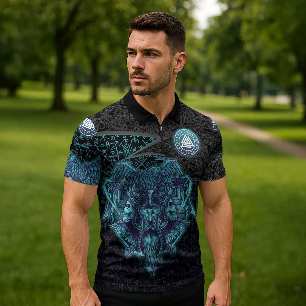 Viking Warrior and Raven Norse Mythology Zipper Polo Shirt Neon Line Art with Rune Patterns