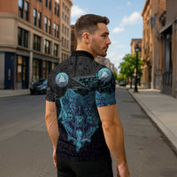 Viking Warrior and Raven Norse Mythology Zipper Polo Shirt Neon Line Art with Rune Patterns