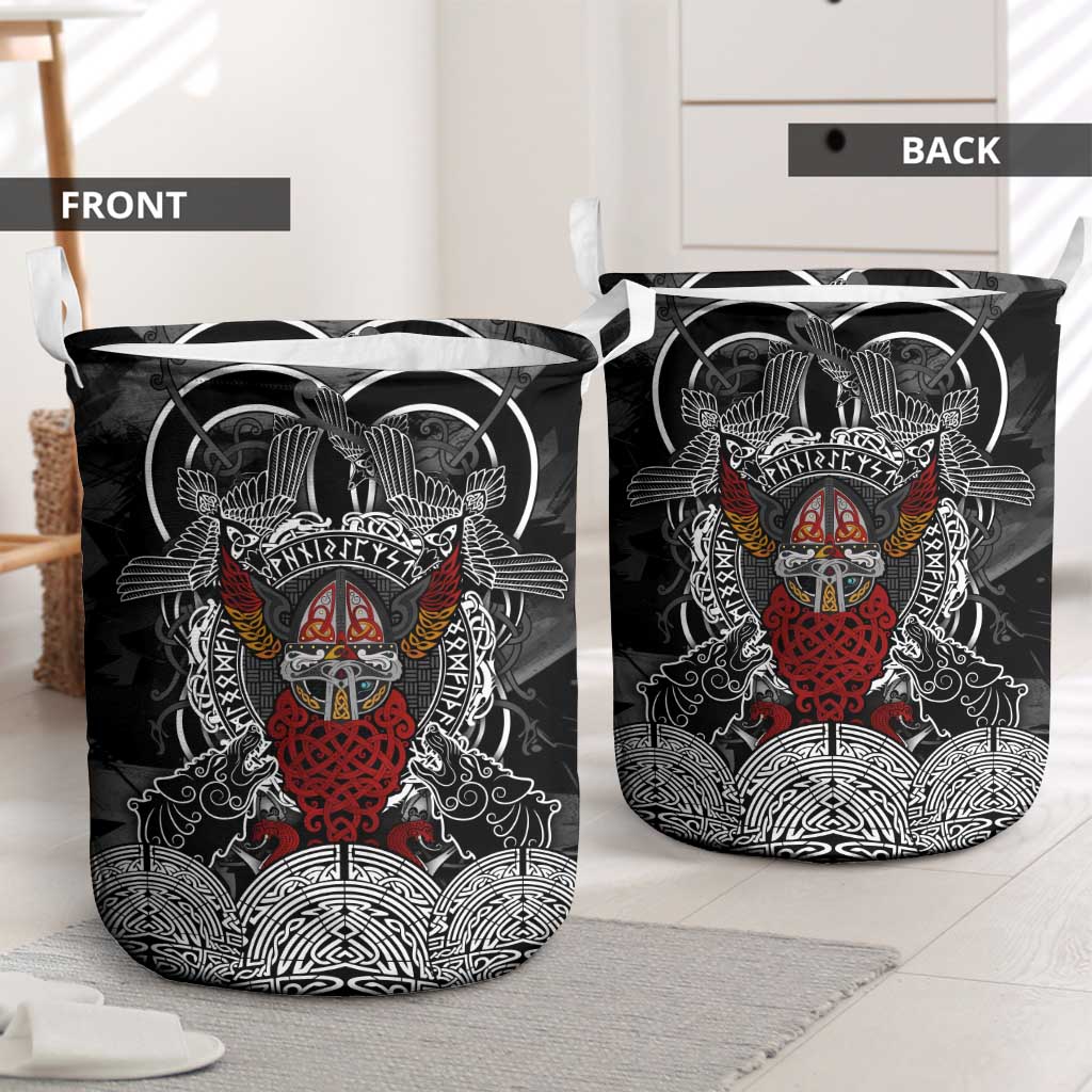Viking Berserker and Valknut Norse Mythology Laundry Basket Red and Black Celtic Knotwork Art