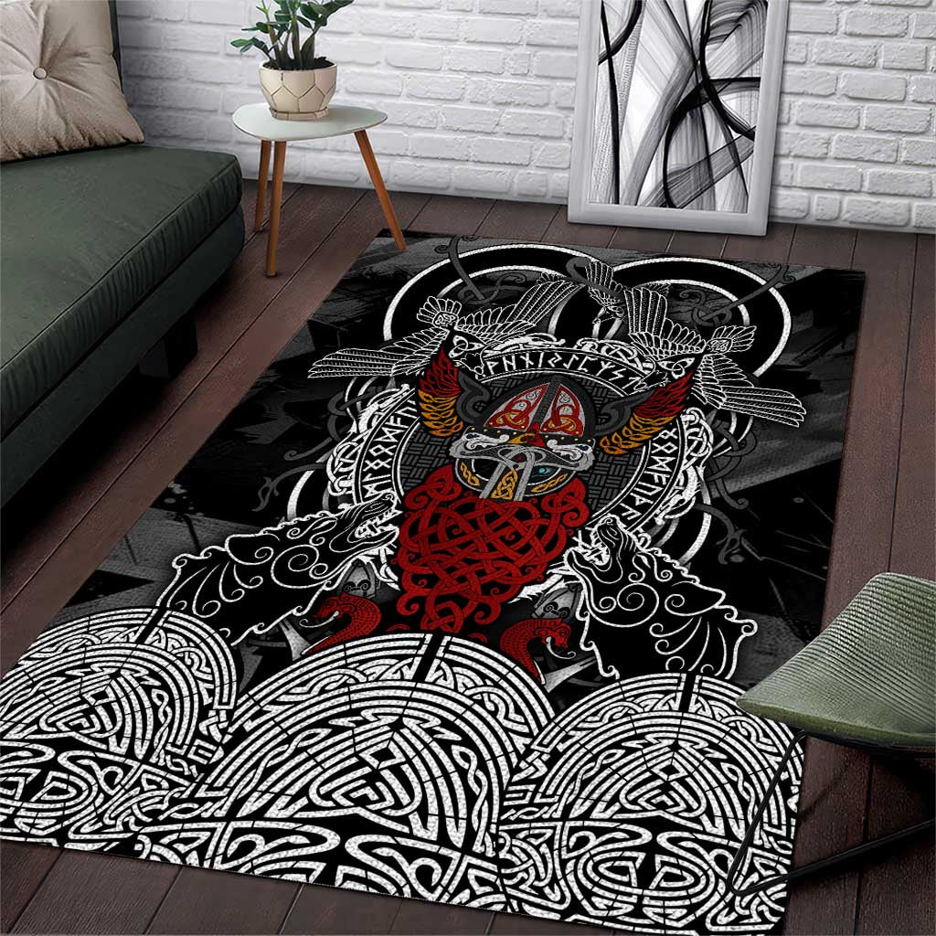 Viking Berserker and Valknut Norse Mythology Area Rug Red and Black Celtic Knotwork Art