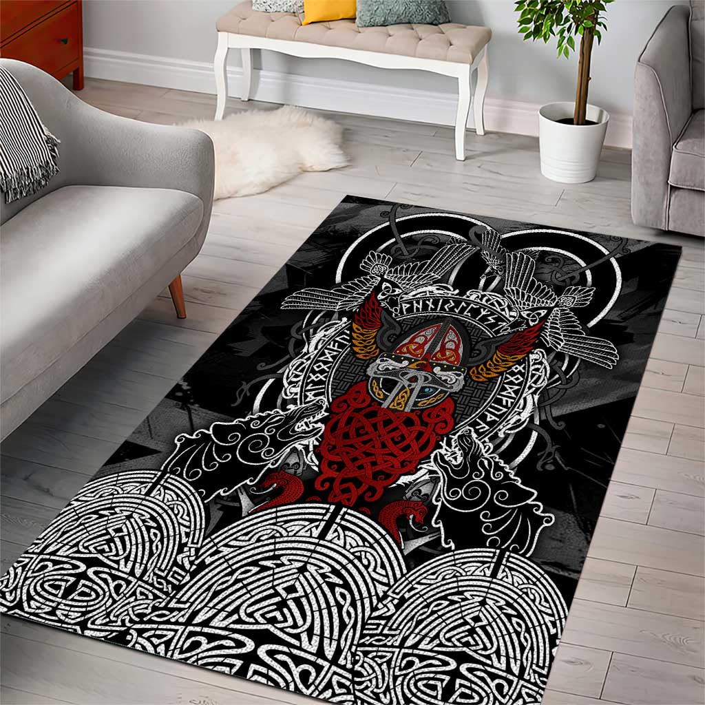 Viking Berserker and Valknut Norse Mythology Area Rug Red and Black Celtic Knotwork Art