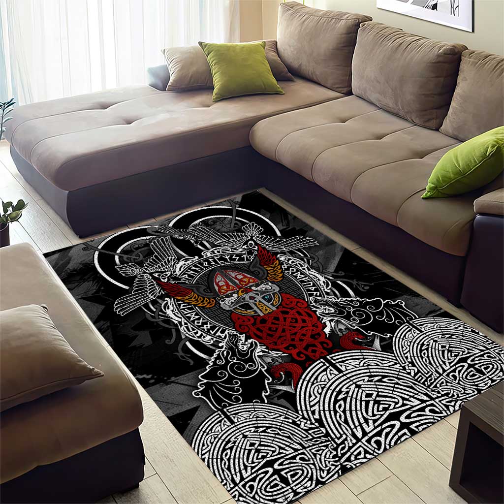 Viking Berserker and Valknut Norse Mythology Area Rug Red and Black Celtic Knotwork Art