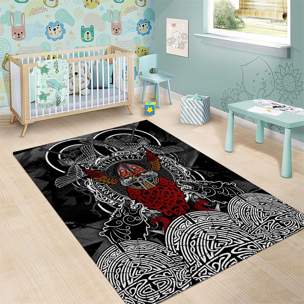 Viking Berserker and Valknut Norse Mythology Area Rug Red and Black Celtic Knotwork Art