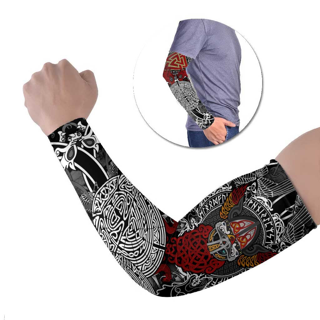 Viking Berserker and Valknut Norse Mythology Arm Sleeves Red and Black Celtic Knotwork Art