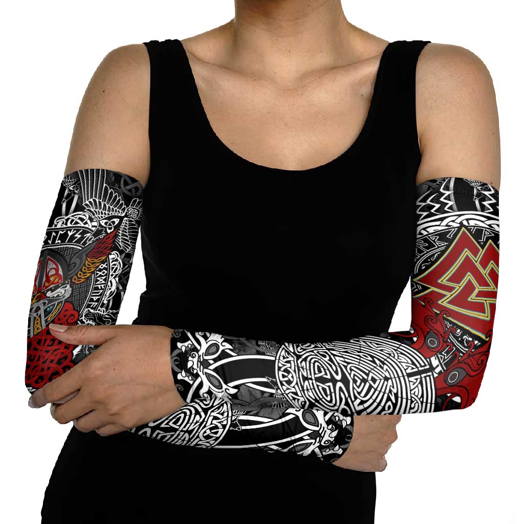 Viking Berserker and Valknut Norse Mythology Arm Sleeves Red and Black Celtic Knotwork Art