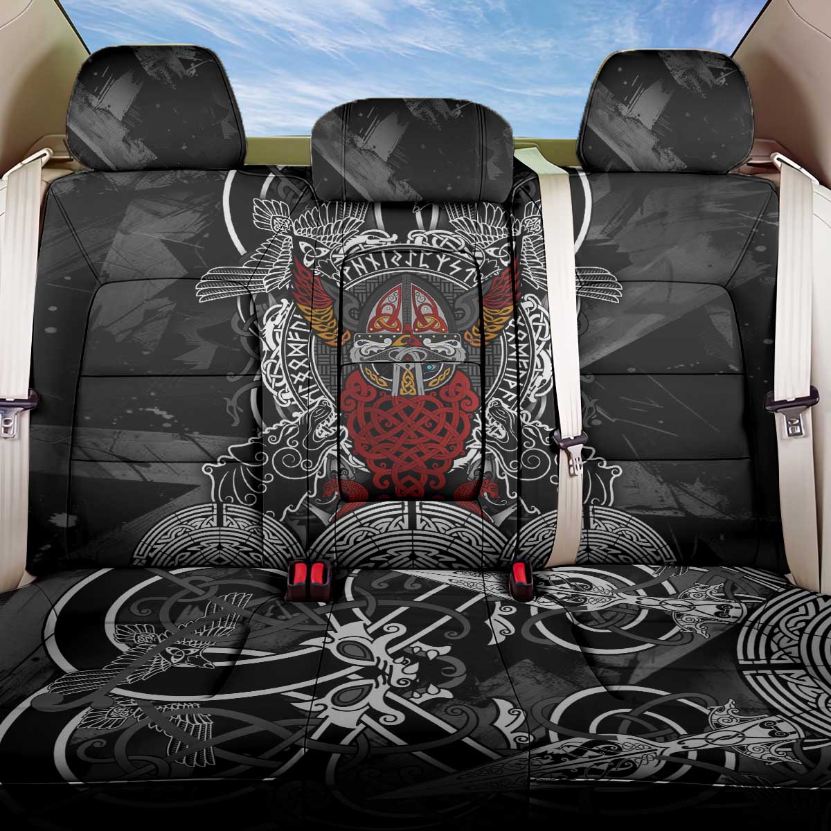 Viking Berserker and Valknut Norse Mythology Back Car Seat Cover Red and Black Celtic Knotwork Art