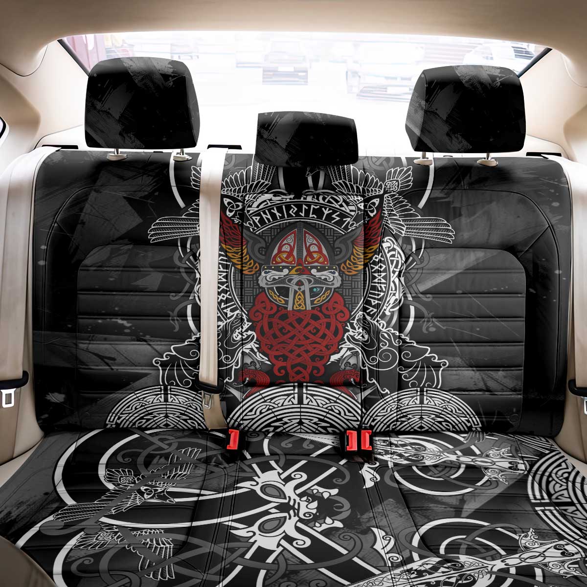 Viking Berserker and Valknut Norse Mythology Back Car Seat Cover Red and Black Celtic Knotwork Art