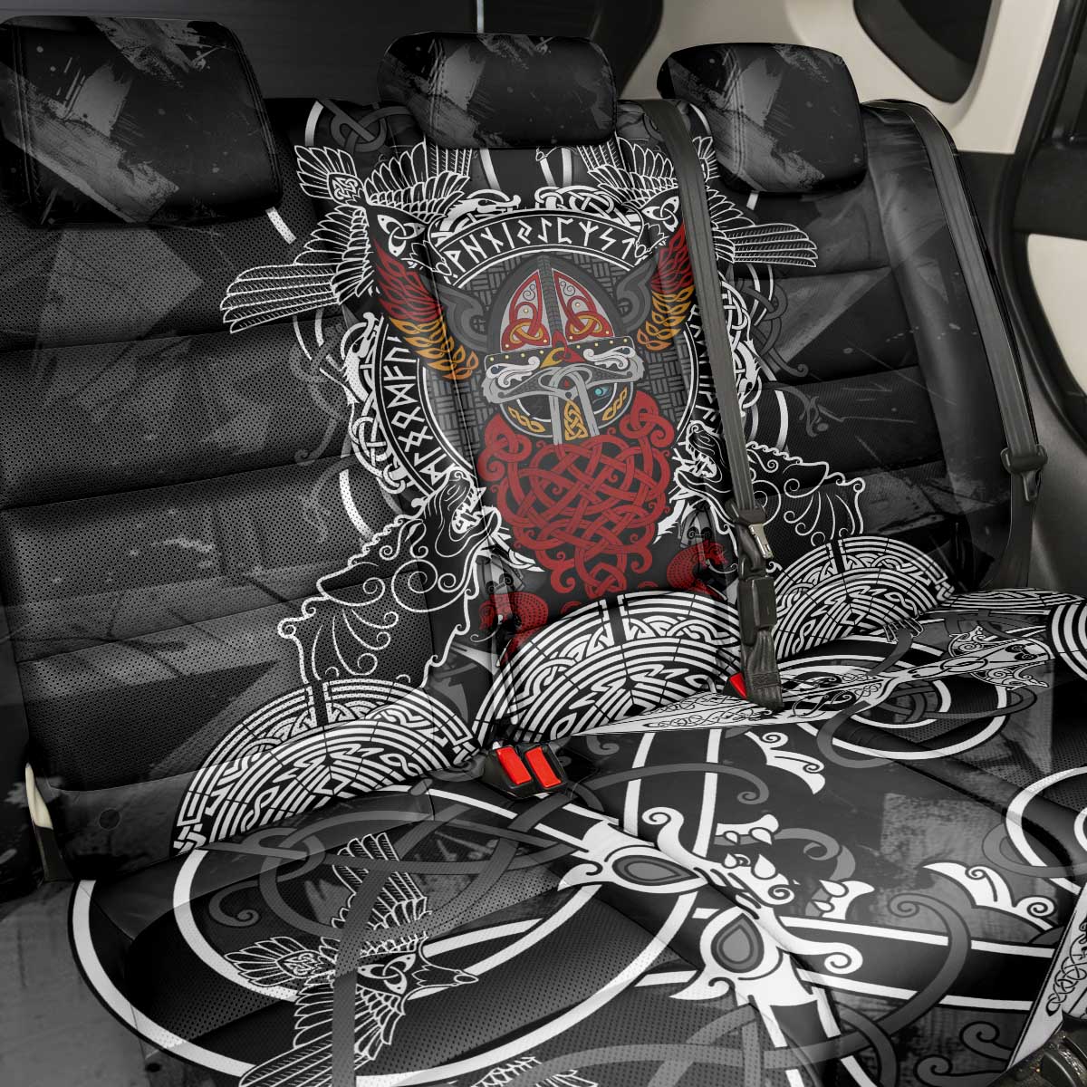 Viking Berserker and Valknut Norse Mythology Back Car Seat Cover Red and Black Celtic Knotwork Art