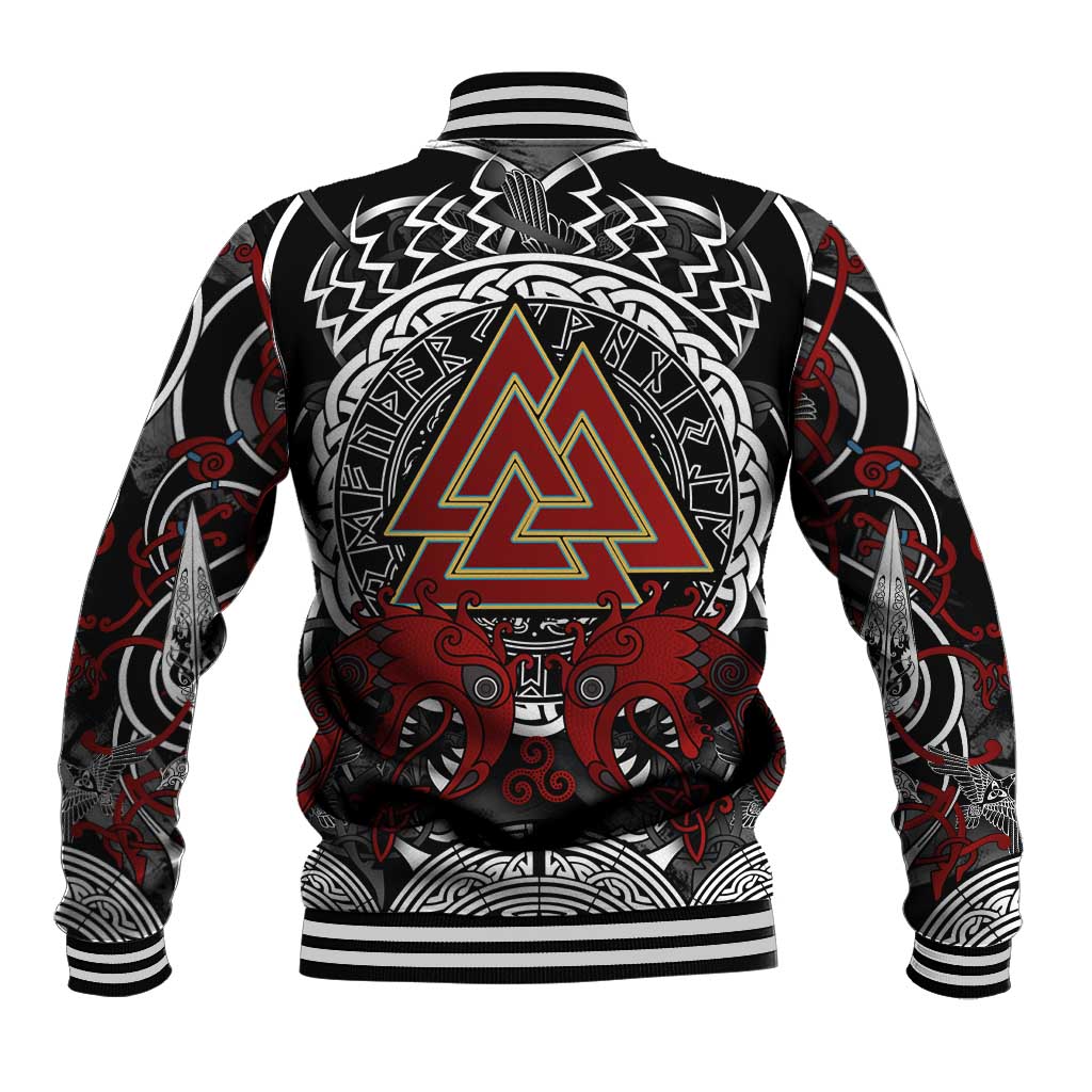 Viking Berserker and Valknut Norse Mythology Baseball Jacket Red and Black Celtic Knotwork Art