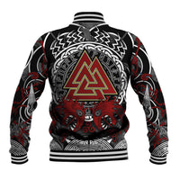 Viking Berserker and Valknut Norse Mythology Baseball Jacket Red and Black Celtic Knotwork Art