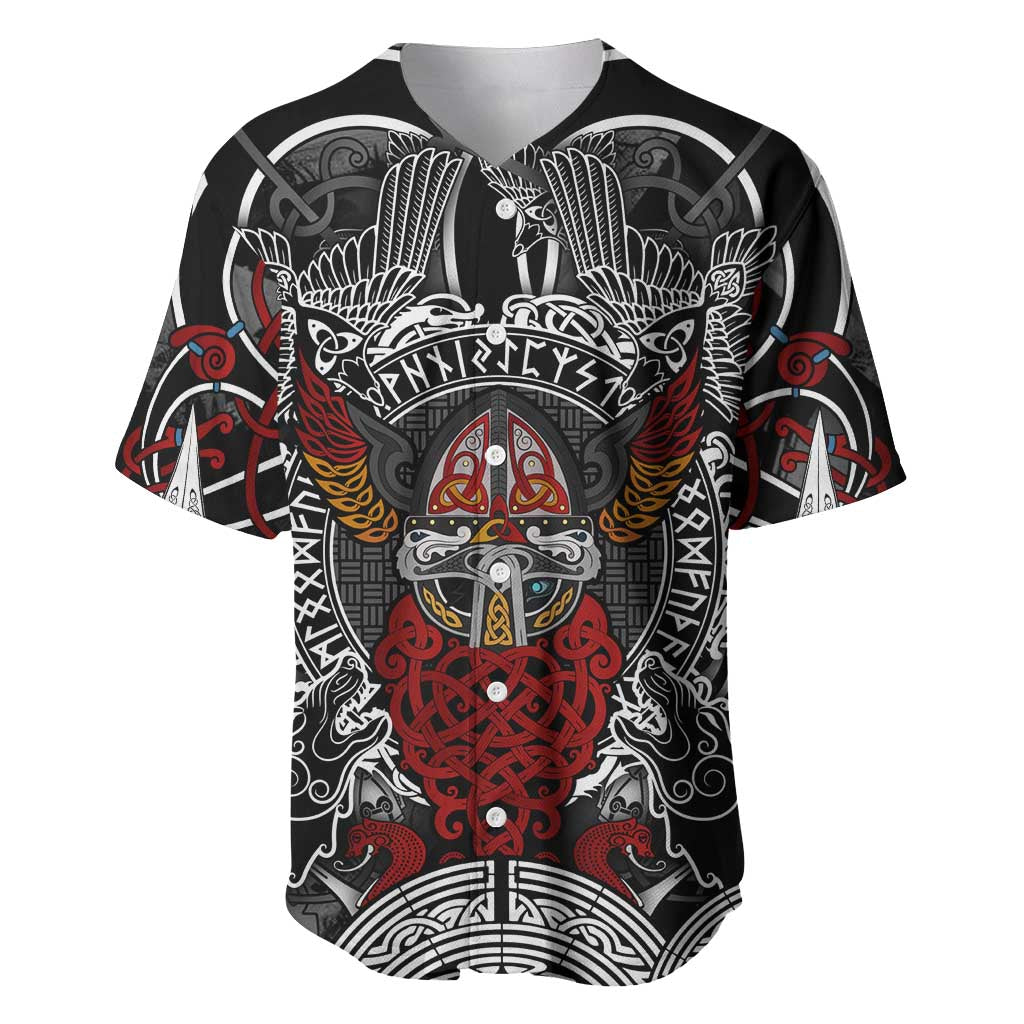 Viking Berserker and Valknut Norse Mythology Baseball Jersey Red and Black Celtic Knotwork Art